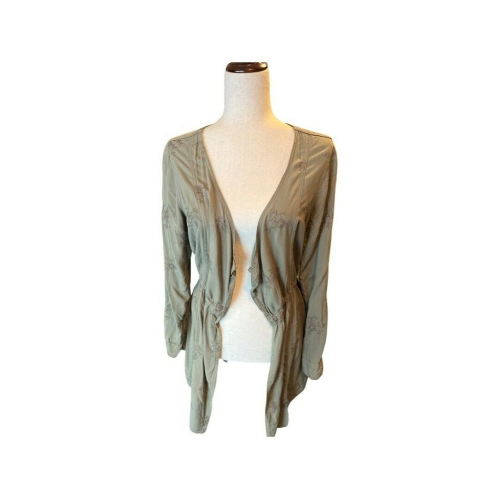 Knox Rose M Olive Green Duster Kimono Draped Boho Embroidered Cinch Waist - Picture 1 of 5